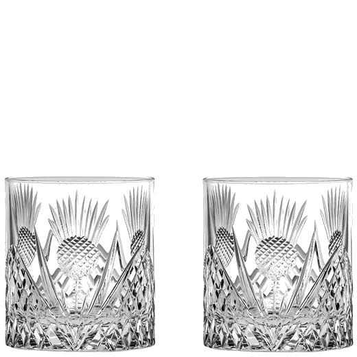 These Scottish Thistle 2 x 38cl Large 'On the Rocks' Tumblers have been designed by Royal Scot Crystal.