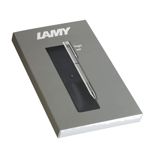 LAMY's Logo Twin Pen Set Brushed Stainless Steel comes with a leather case.