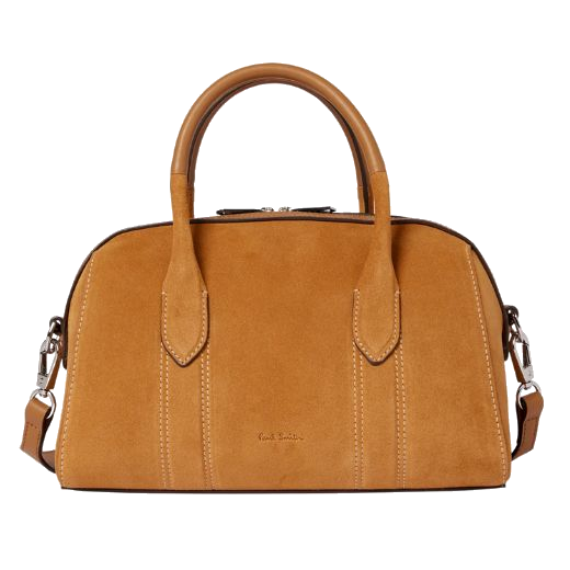 This Women's Small Boston Bag in Tan Suede by Paul Smith has been embossed on the front in blind embossing with the signature for branding very subtly.