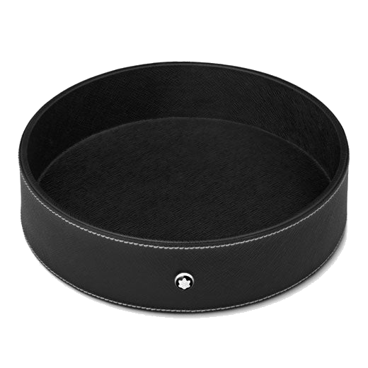 Montblanc's Black Leather Round Desk Tray, Large can be used on its own or with the other desk accessories that are part of this range.