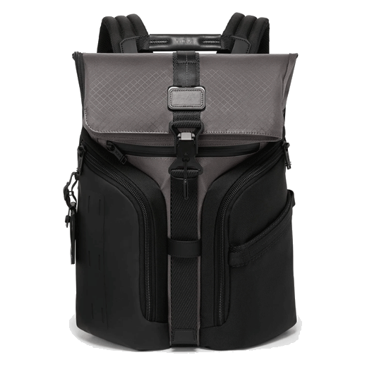TUMI's Alpha Bravo Charcoal Logistics Flap Lid Backpack is made out of nylon.
