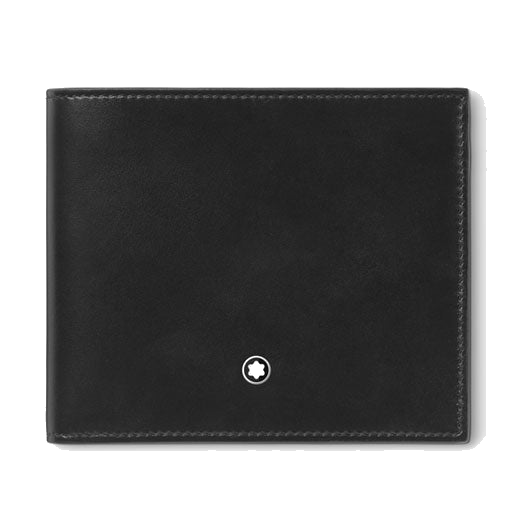 This Montblanc Meisterstück 8CC Black Leather Wallet has the snowcap emblem on the front with a palladium-plated ring.