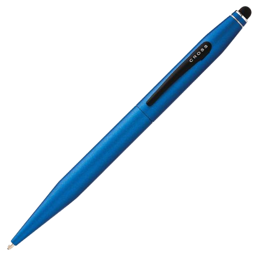 This CROSS Tech2 Metallic Blue Ballpoint Pen with Stylus has a brushed chrome finish with a metallic sheen.
