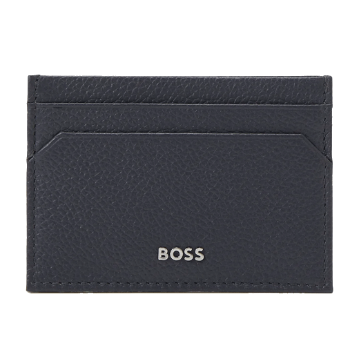 This BOSS Highway Navy Leather 2CC Card Holder Money Clip comes in a small black gift box with the BOSS brand name along the top.
