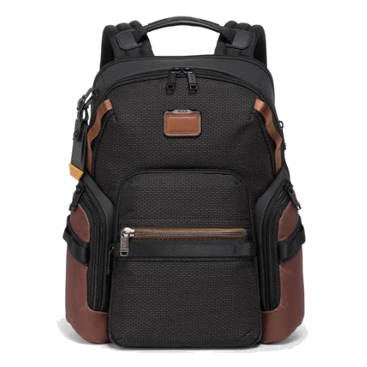 This Alpha Bravo Black Onyx Navigation Backpack by TUMI features brown trims to contrast the black.