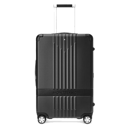 Montblanc's #MY4810 Nightflight Black Medium Trolley Case has a top retractable handle and two grab handles.