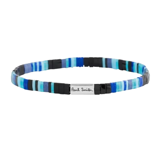 The Flat Glass Bead Blue Tones Striped Elasticated Bracelet by Paul Smith.