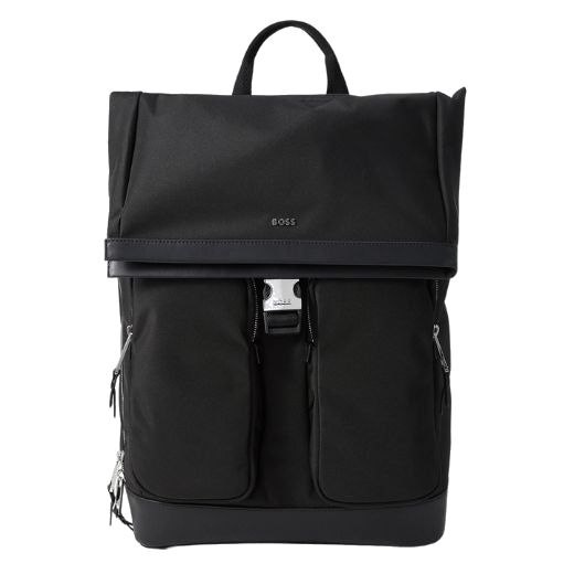 This BOSS Highway Black Nylon & Leather Trim Roll Top Backpack has a top grab handle along with the two padded shoulder straps.
