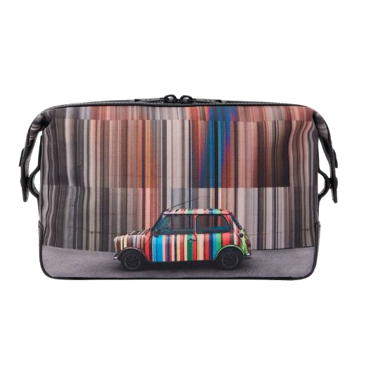 This Paul Smith Mini Stripe Print Wash Bag is made out of polyester with cow leather trims in black.
