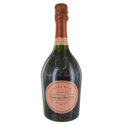 This Laurent Perrier Rose bottle has been engraved in fifth font.