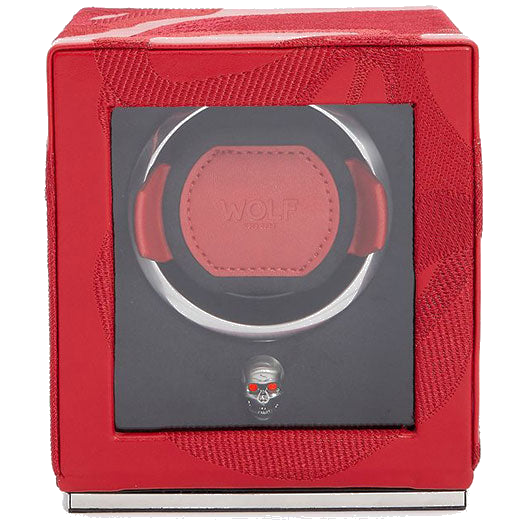 The WOLF 1834 Red Memento Mori Cub Watch Winder has been crafted out of vegan leather.