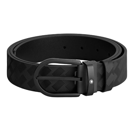 Montblanc's Horseshoe Black PVD Pin Buckle Extreme 3.0 Leather Belt has a matte black buckle that has been made from PVD