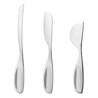 This Georg Jensen Alfredo Cheese Knives Set - 3 Pieces is made out of stainless steel with a mirror polished finish.