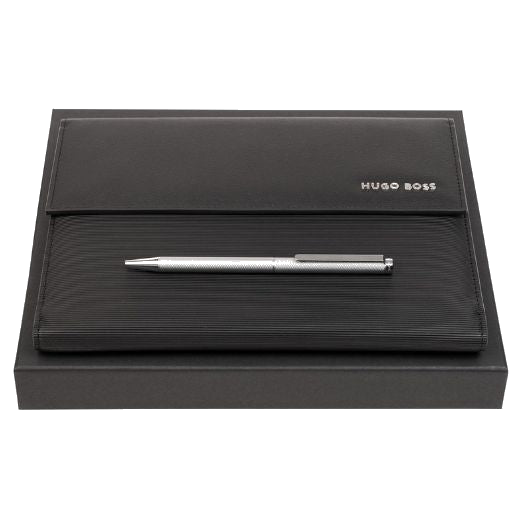 This Hugo Boss Black Pinstripe A5 Folder & Cloud Chrome Ballpoint Set makes a great gift for anyone who loves to stay organised.