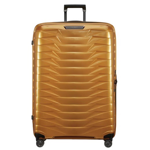 Samsonite's Proxis Honey Gold Spinner XXL Suitcase, 86 cm comes in a metallic honey gold exterior that is made out of a hard-shell case.