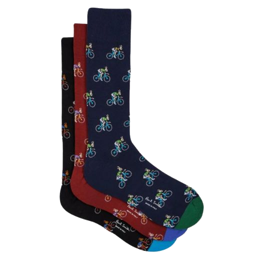 Paul Smith's Novelty Rabbit on Bike Men's Cotton Blend Socks 3Pack comes in three different colour ways and makes a fun gift for him.