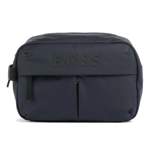 BOSS' Stormy Dark Blue Wash Bag with Raised Logo is great for taking with you on travels and can keep all your toiletries safely inside.