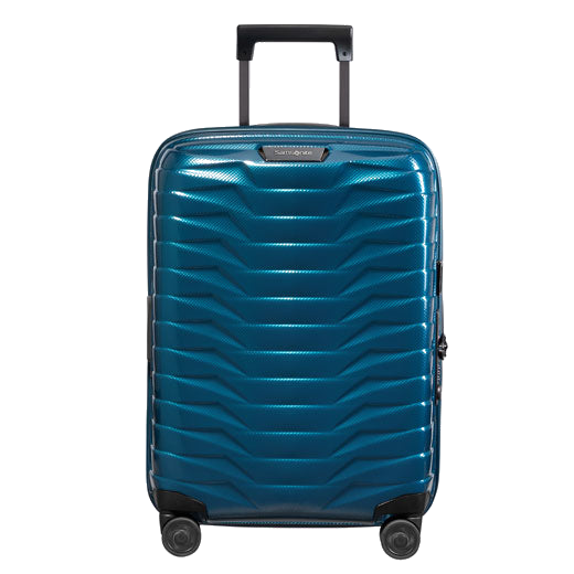Samsonite's Proxis Spinner Expandable Petrol Blue Carry On Case, 55 cm has the brand name in a small plague on the front, with the logo on the zip pulls.