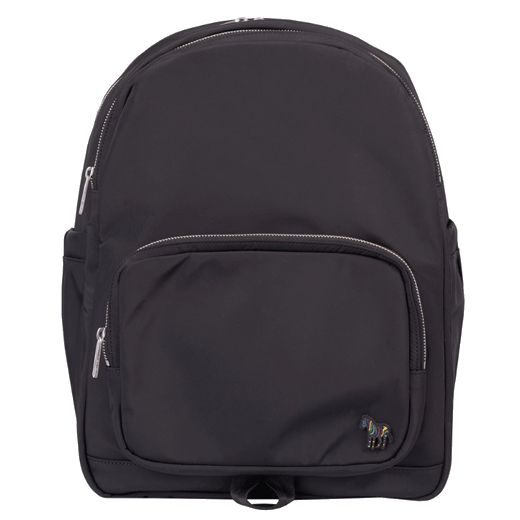 Paul Smith's Zebra Black Recycled Nylon Backpack  has a front zip pocket and main zip compartment.