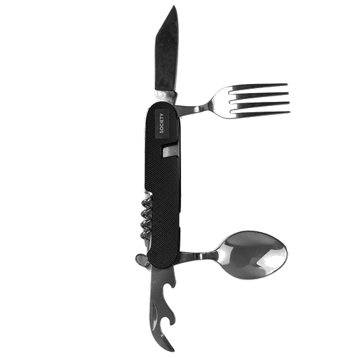 This Society Paris Stainless Steel Black Cutlery Multi-Tool features a fork, knife, spoon, corkscrew and more.