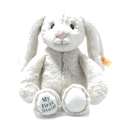 Steiff's Light Grey My First Steiff Hoppie Rabbit has ben made with polyester with a faux fur exterior.