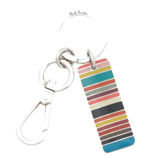 Paul smith's Signature Stripe Tag Metal Keyring is made out of brass and copper with an enamel inlay on the signature stripe pattern.