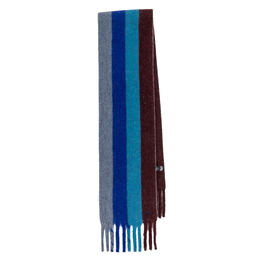 Paul Smith's Men's Block Stripe Blue & Burgundy Scarf is made out of a wool blend and is soft with a brushed texture.