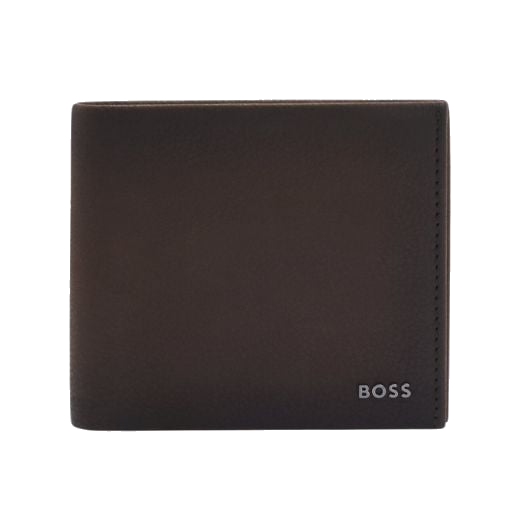 This BOSS Crosstown Grained Leather Brown 4CC Coin Wallet has polished gunmetal lettering on the front with the brand name.