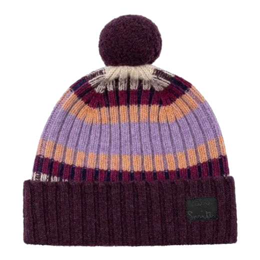 This Freya Stripe Knit Purple Lambswool Beanie Hat by Paul Smith has been made out of lambswool with a fleece pompom at the top.
