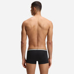 Back view of the BOSS 3-Pack of Black Cotton Blend Motion Boxer Shorts with Three Stripe and Logo Waistband.
