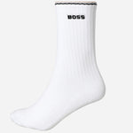Side view of the BOSS 3-Pack of Quarter-Length Cotton-Blend White Socks with Three-Stripe Edges.