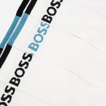 Close up of the logos on the BOSS 6-Pack of Cotton Blend Quarter Length Socks with Blue & Black Large Logo.