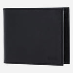Side view of the BOSS 8CC Black Leather Trifold Wallet and Black Leather Key Fob Gift Set.