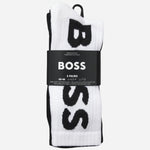 The packaging for the BOSS Pack of 3 White & Black Quarter Length Cotton Blend Socks with Large Logos.