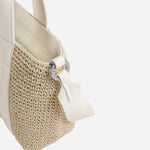 Side view of the BOSS Becky White Raffia Mini Tote Bag with Zip.