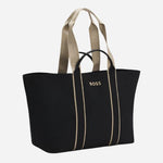 Side view of the Black and Beige Palmah Tote with Logo Straps.