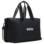 Side view of the Catch 3.0 Black Polyester Holdall with Signature Stripe Handles.
