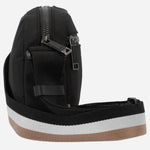 Side view of the Catch 3.0 Black Polyester Cross Body Bag with Signature Stripe Strap.