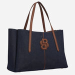 Side view of the Cotton-Denim Anett Tote Bag with Double 'B' Monogram.