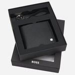 The gift box for the BOSS GB Black Leather Logo-Plate-Trimmed Wallet and Key Ring Gift Set.