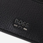 Close up of the BOSS logo on the BOSS Lewys Black Faux Leather 4CC Card Holder with Metal Logo.