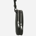 Side view of the BOSS Ray Black Faux Leather Neck Clutch Bag N with Logo and Signature Three Stripes.