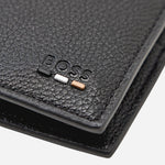 Close up of the logo on the BOSS Ray Black Leather 8CC Wallet.