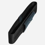 Side view of the Tweed Blue Sartorial Leather 1-Pen Pouch with Elastic Strap.