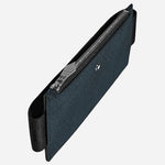 Side view of the Tweed Blue Sartorial Leather Zipped 2-Pen Pouch with Elastic Strap.