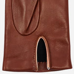 Close-up of the Women's Tan Brown Leather Gloves with Signature Stripe.