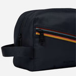 Side view of the Navy Blue Polyester Wash Bag with 'Artist Stripe' Detailing.