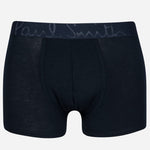 Front view of the Paul Smith 3-Pack Men's Navy Modal Comfort Boxer Briefs with Large Logo Waistbands.