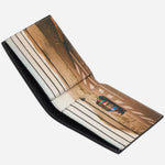 Top inside view of the Paul Smith Black Leather Billfold Wallet with 'Desert Mini' Interior.