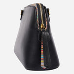 Side view of the Paul Smith Women's Black Leather 'Signature Stripe' Cross Body Bag.